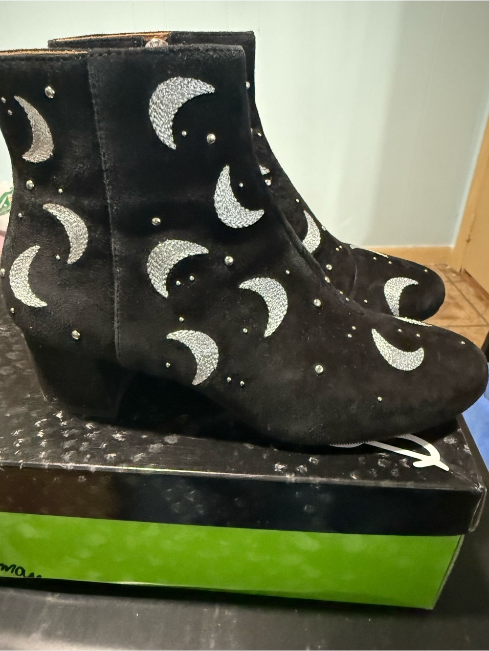 & Other Stories Black Suede Moon Embellished Ankle Boots with Silver Accents